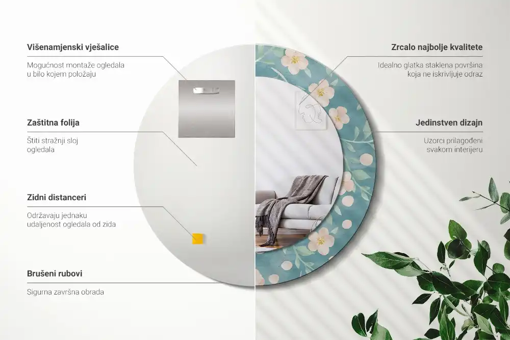 Okroglo stensko okrasno ogledalo Cvetlični vzorec