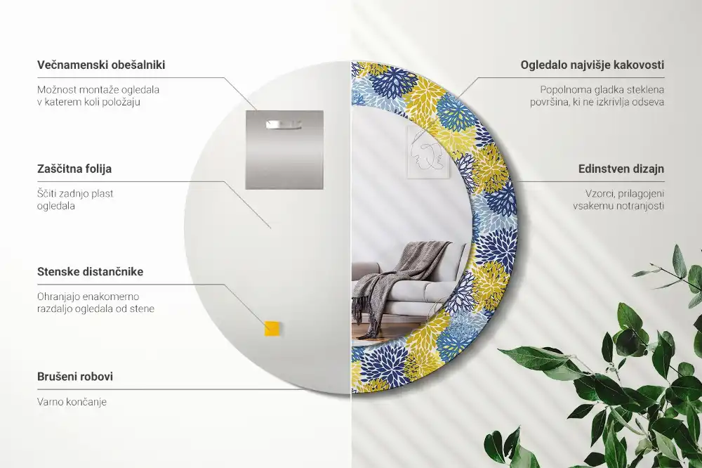 Tiskano okroglo ogledalo Modre rože