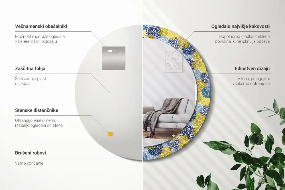 Tiskano okroglo ogledalo Modre rože