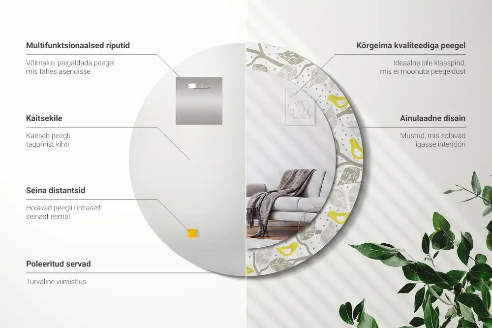 Okroglo stensko okrasno ogledalo Rumene ptice na vejah