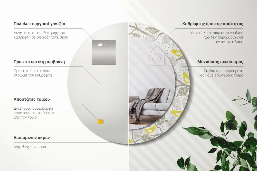 Okroglo stensko okrasno ogledalo Rumene ptice na vejah