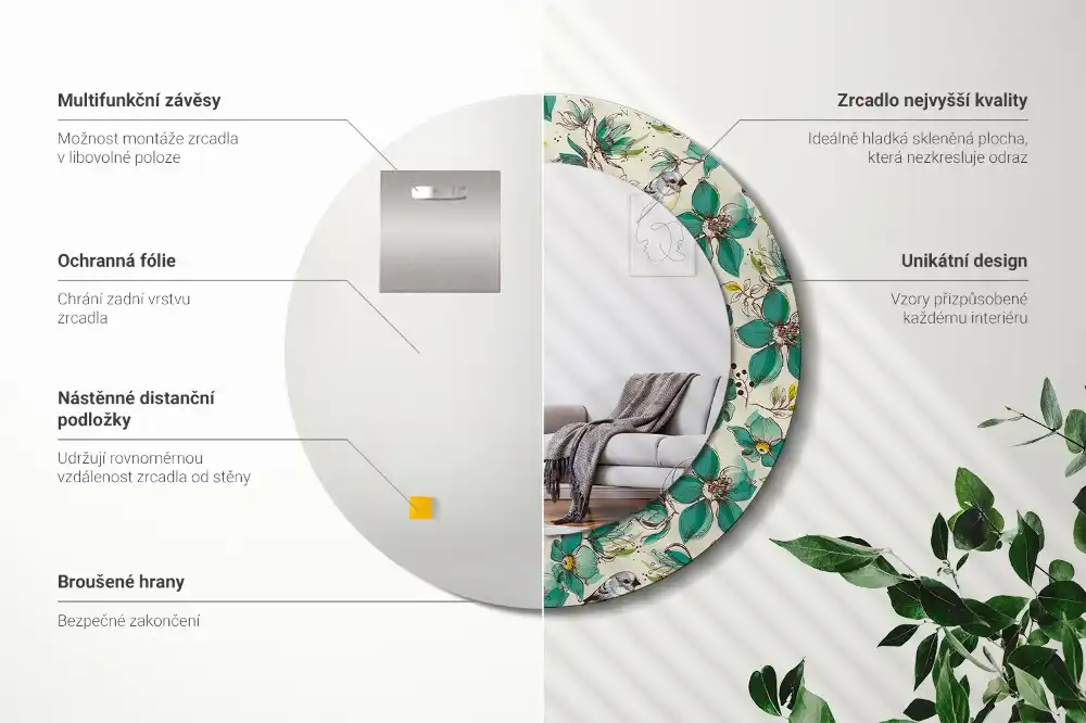 Tiskano okroglo ogledalo Rože in ptice