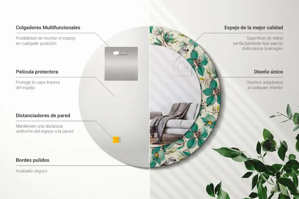 Tiskano okroglo ogledalo Rože in ptice