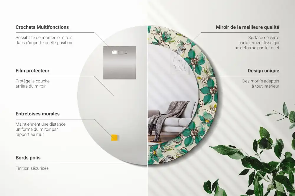 Tiskano okroglo ogledalo Rože in ptice