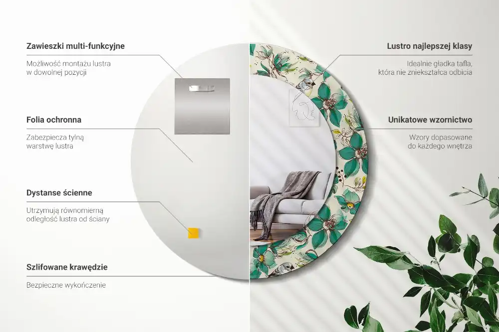 Tiskano okroglo ogledalo Rože in ptice