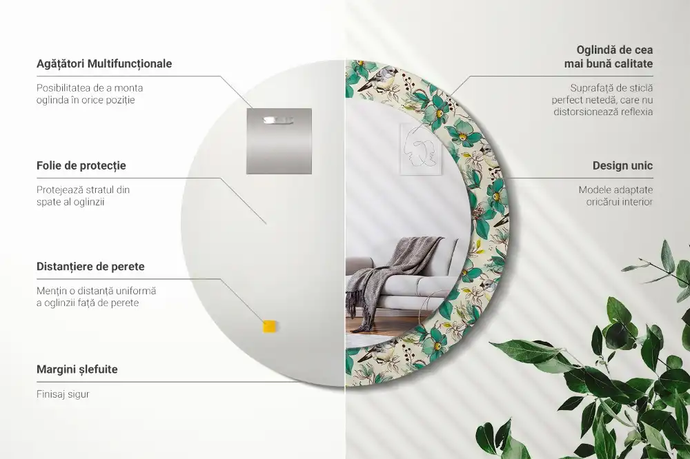 Tiskano okroglo ogledalo Rože in ptice