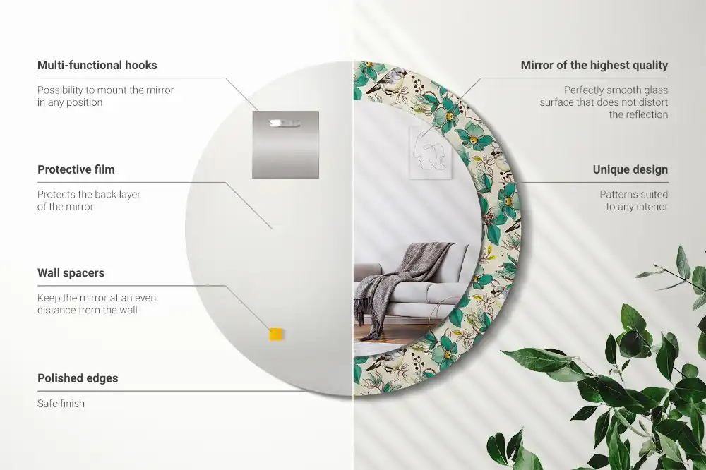 Tiskano okroglo ogledalo Rože in ptice