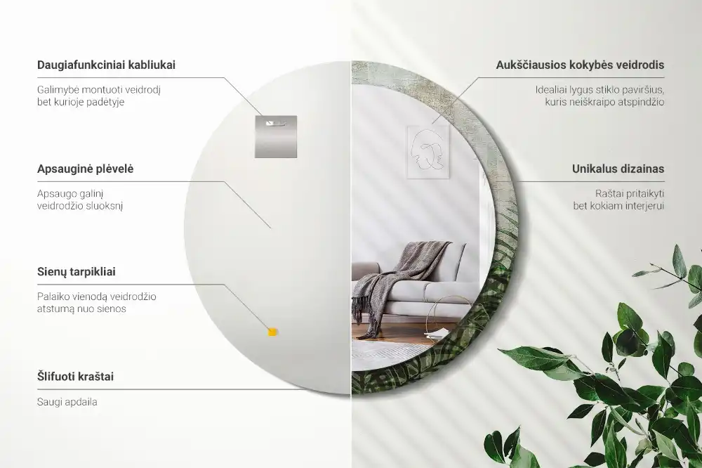 Tiskano okroglo ogledalo Listi praproti