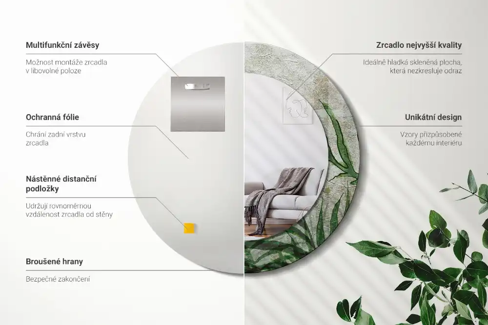 Tiskano okroglo ogledalo Listi praproti