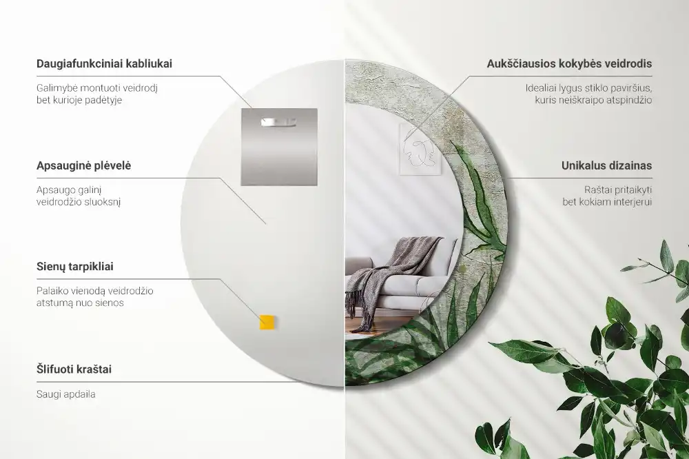 Tiskano okroglo ogledalo Listi praproti