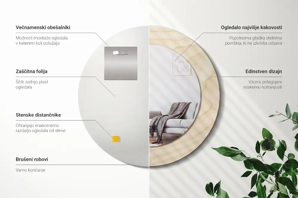 Tiskano okroglo ogledalo Svetel les