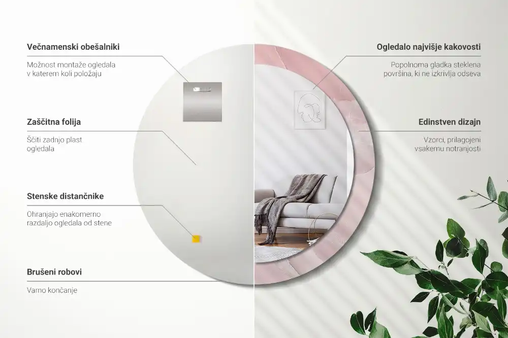 Okroglo stensko okrasno ogledalo Rožnati kamen