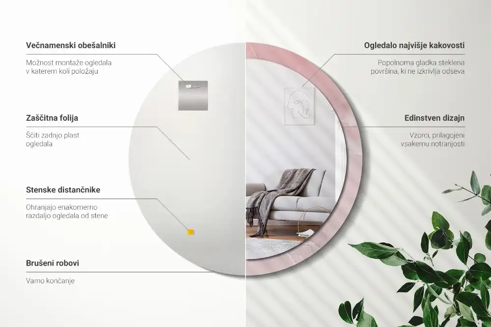 Okroglo stensko okrasno ogledalo Rožnati kamen