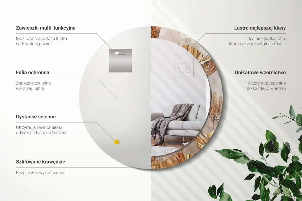 Tiskano okroglo ogledalo Boho listi