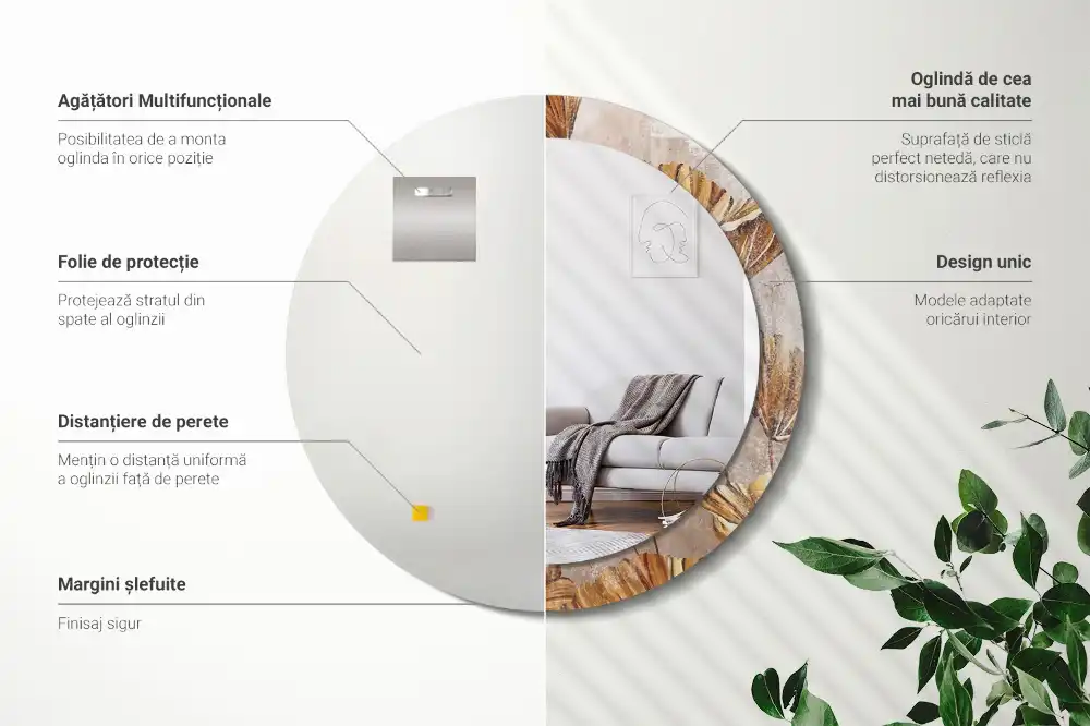 Tiskano okroglo ogledalo Boho listi