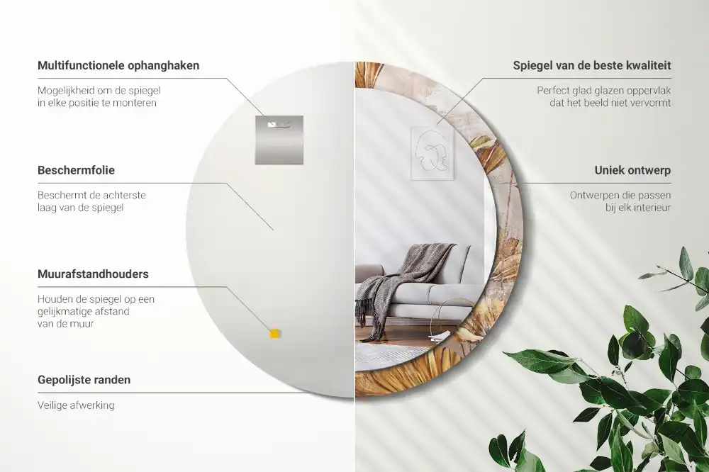 Tiskano okroglo ogledalo Boho listi