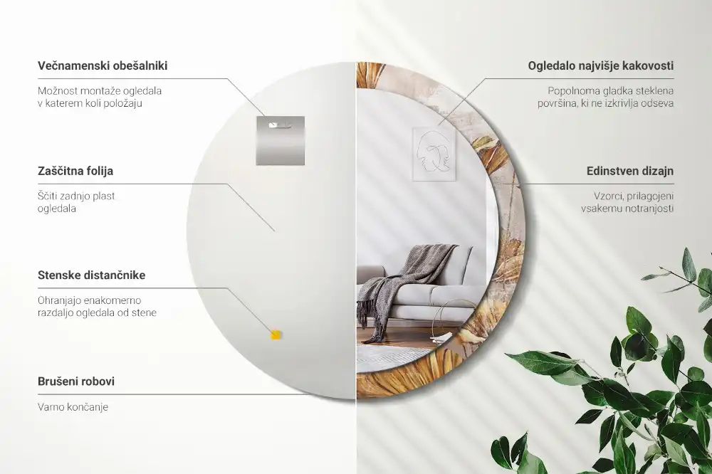 Tiskano okroglo ogledalo Boho listi