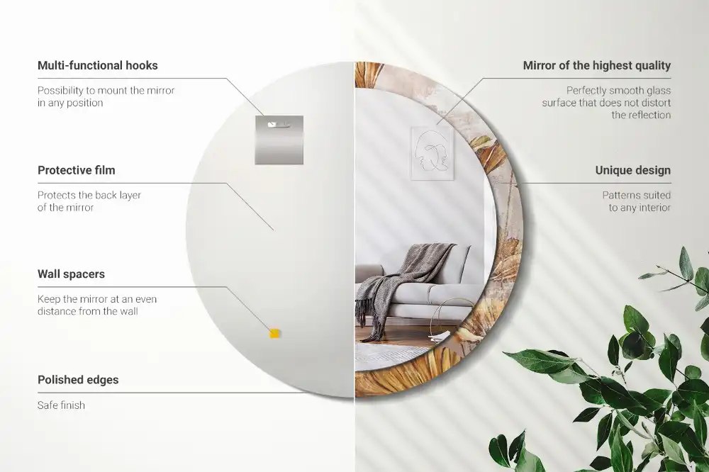 Tiskano okroglo ogledalo Boho listi