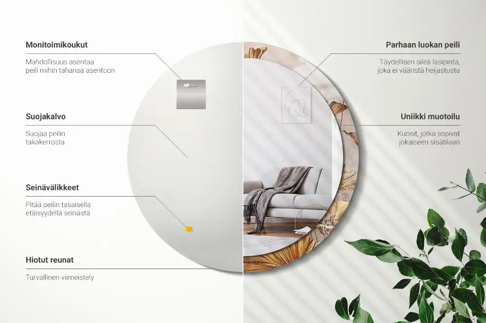 Tiskano okroglo ogledalo Boho listi