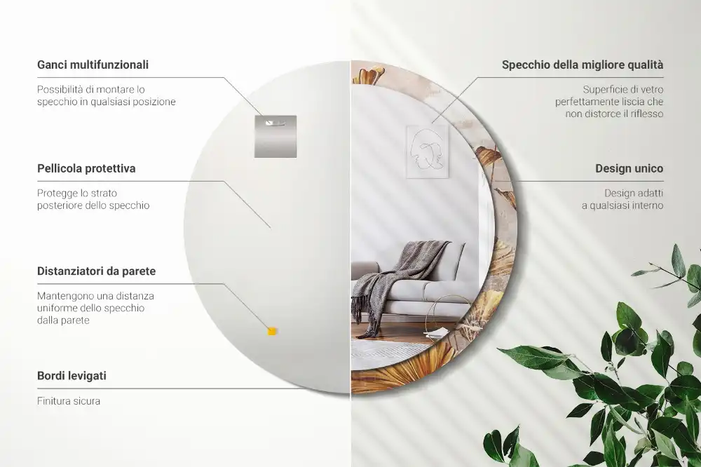 Tiskano okroglo ogledalo Boho listi