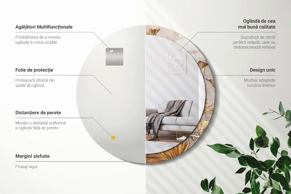 Tiskano okroglo ogledalo Boho listi