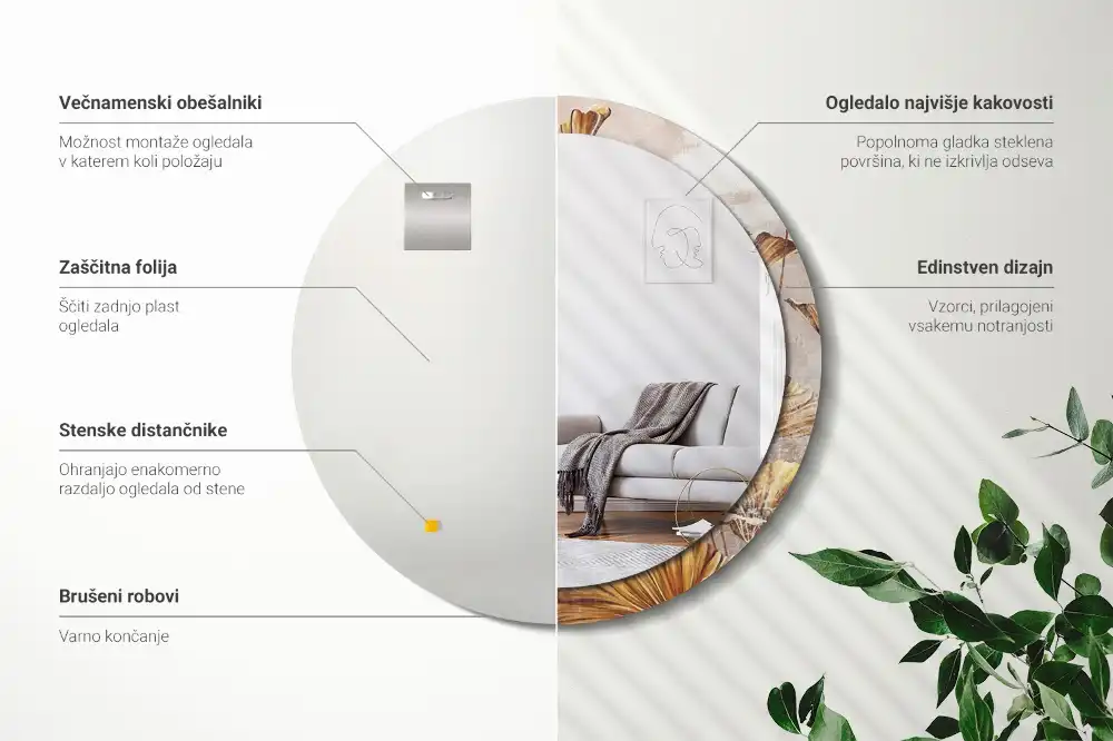 Tiskano okroglo ogledalo Boho listi
