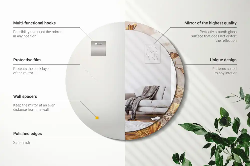 Tiskano okroglo ogledalo Boho listi