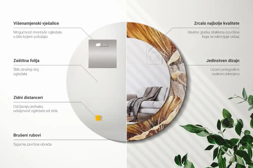 Tiskano okroglo ogledalo Boho listi