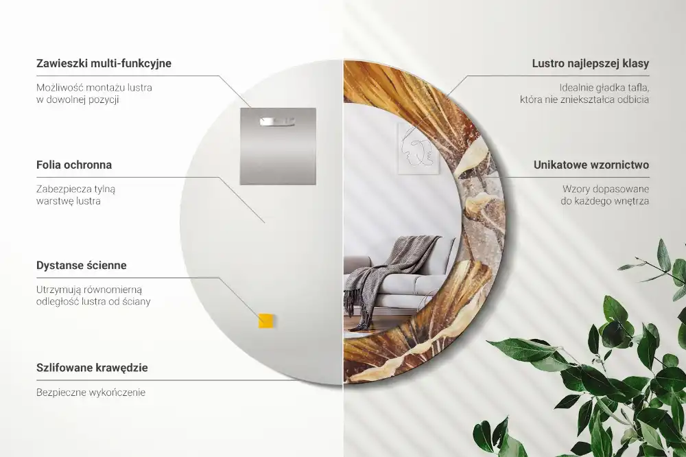 Tiskano okroglo ogledalo Boho listi