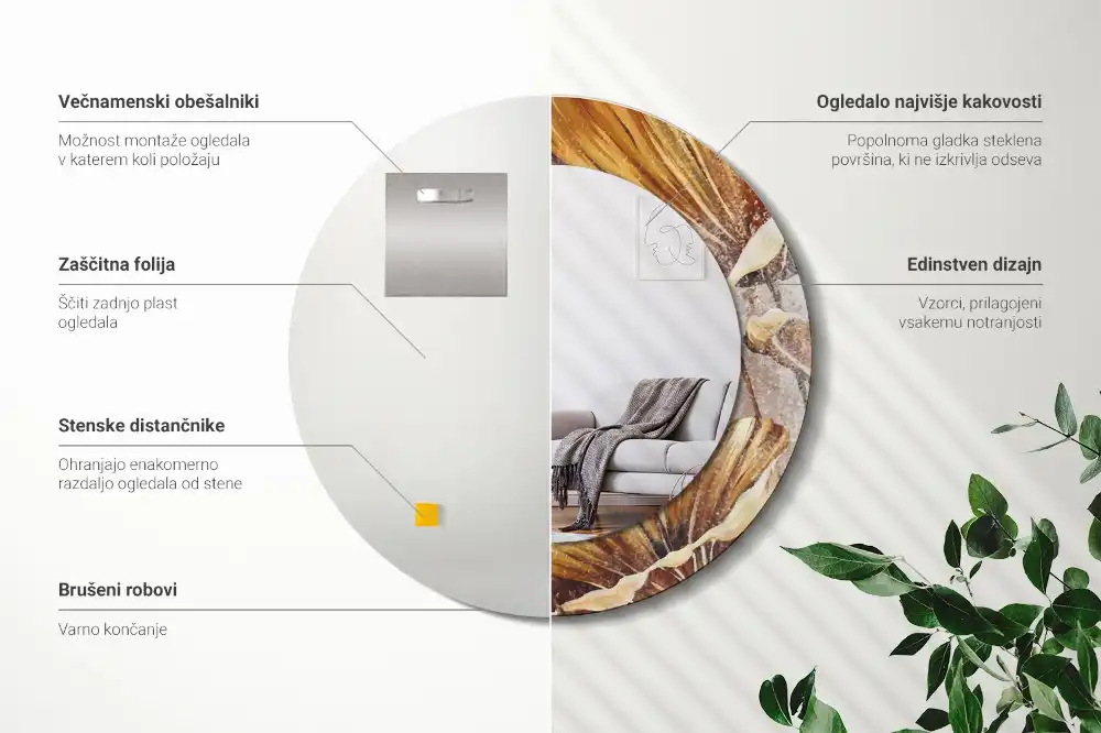 Tiskano okroglo ogledalo Boho listi
