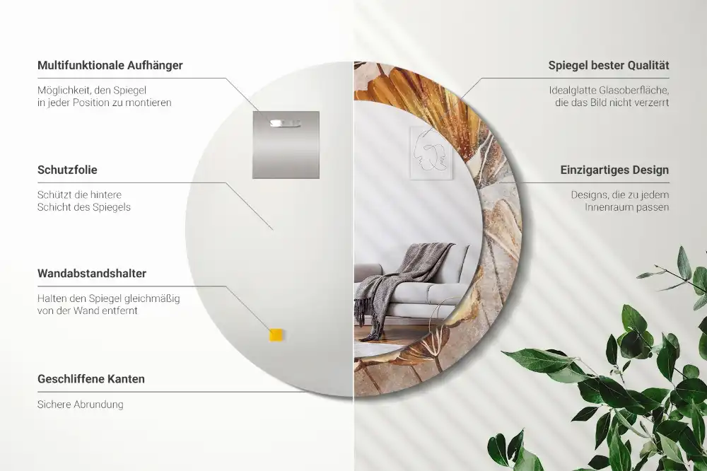 Tiskano okroglo ogledalo Boho listi