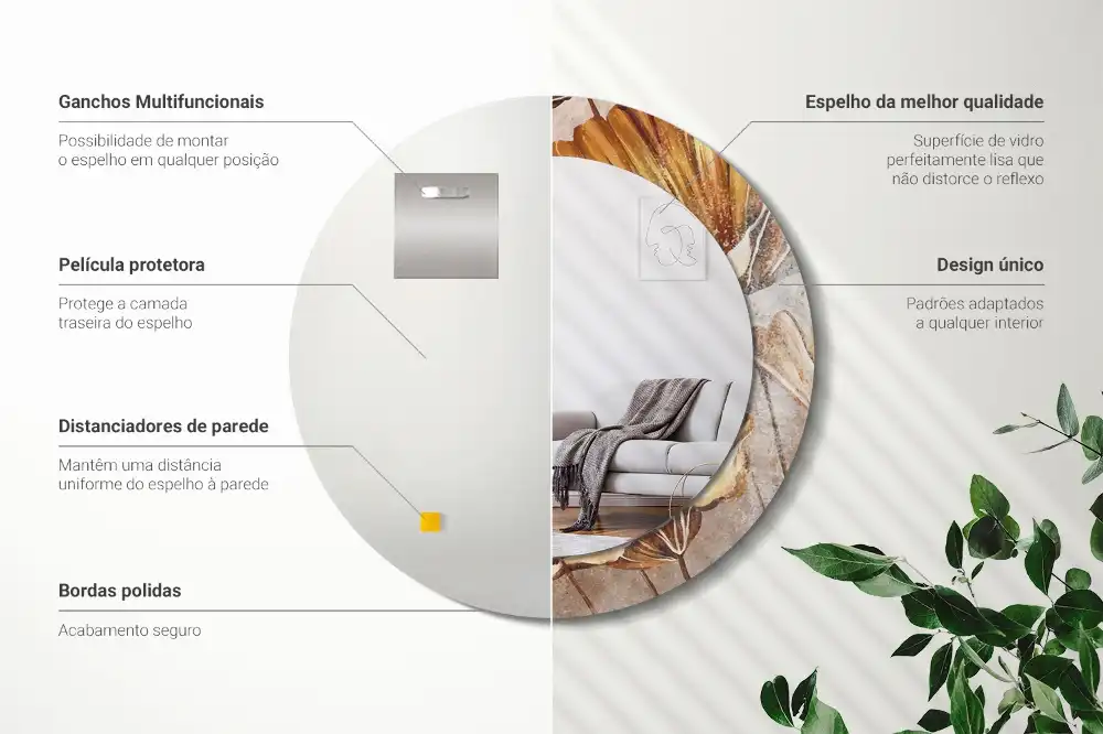 Tiskano okroglo ogledalo Boho listi