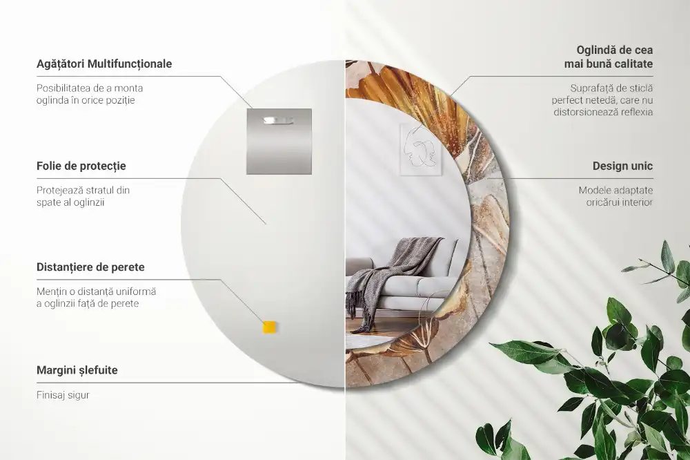 Tiskano okroglo ogledalo Boho listi