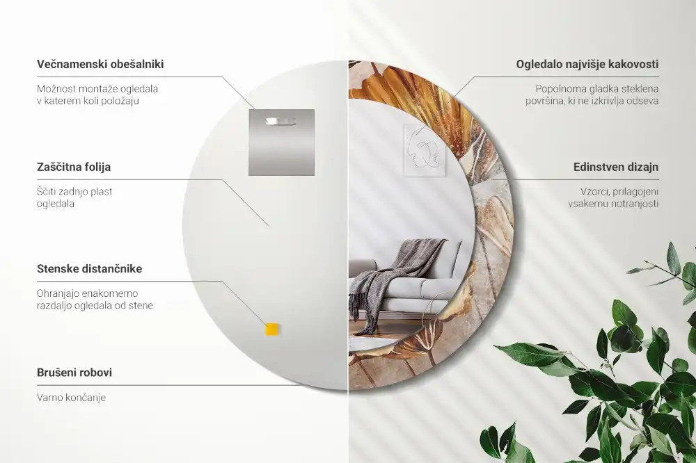 Tiskano okroglo ogledalo Boho listi