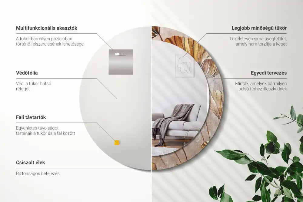 Tiskano okroglo ogledalo Boho listi