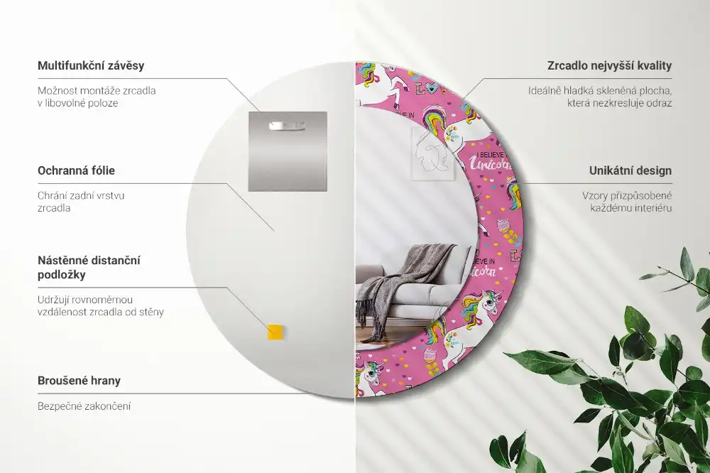 Okroglo stensko okrasno ogledalo Čarobni samorog