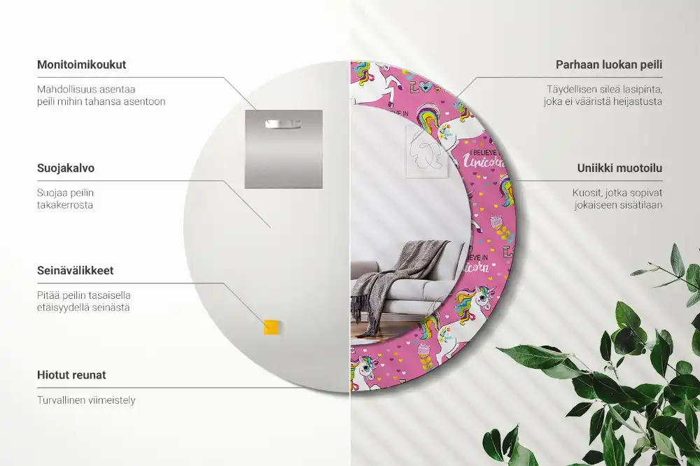 Okroglo stensko okrasno ogledalo Čarobni samorog