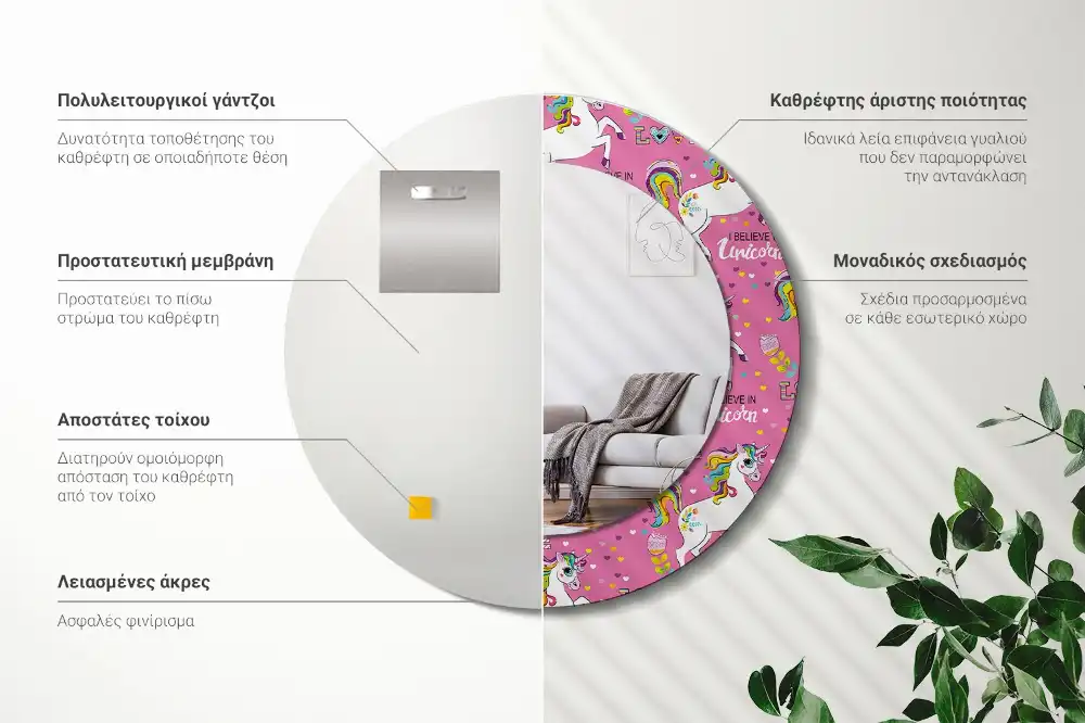 Okroglo stensko okrasno ogledalo Čarobni samorog