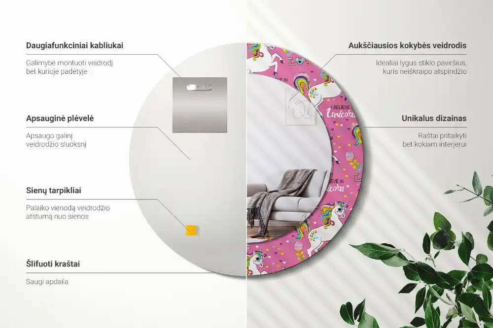 Okroglo stensko okrasno ogledalo Čarobni samorog