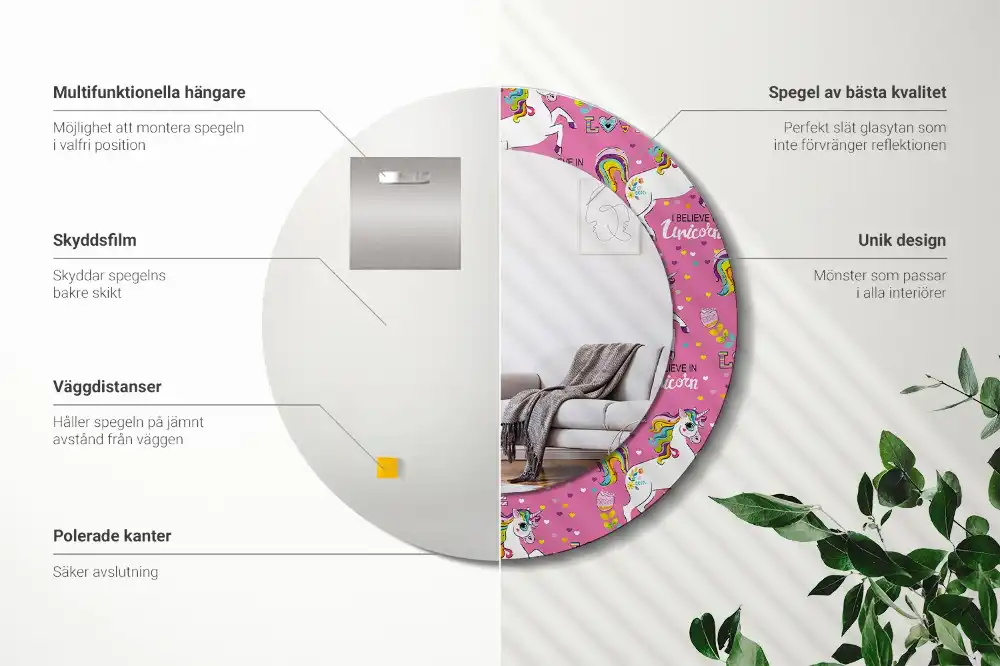 Okroglo stensko okrasno ogledalo Čarobni samorog