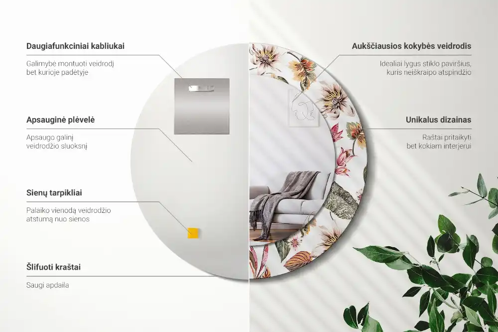 Okroglo stensko okrasno ogledalo Starinsko cvetje