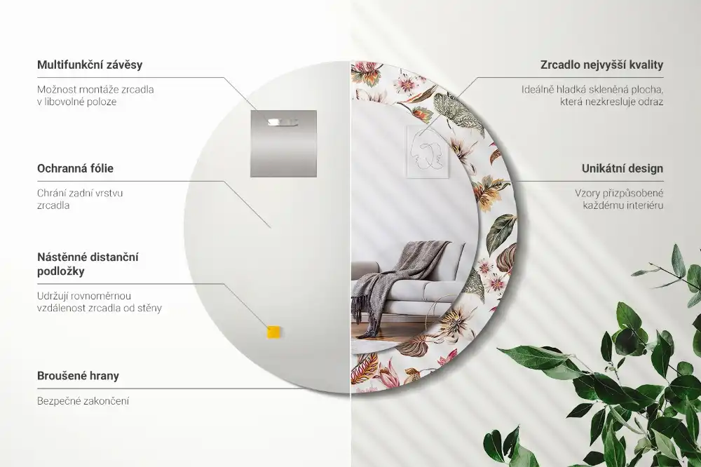 Okroglo stensko okrasno ogledalo Starinsko cvetje