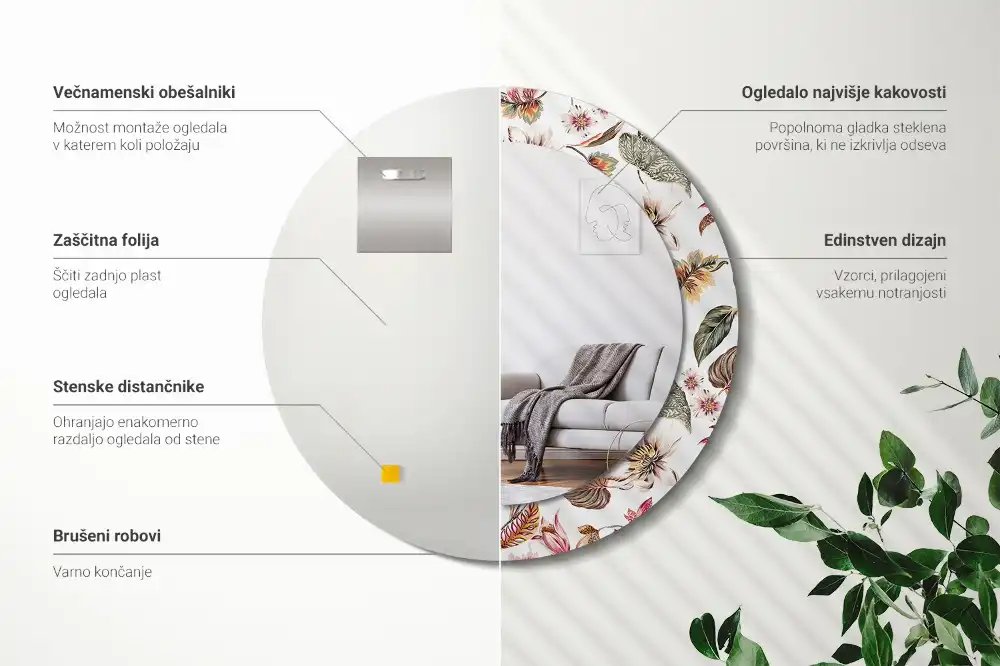 Okroglo stensko okrasno ogledalo Starinsko cvetje