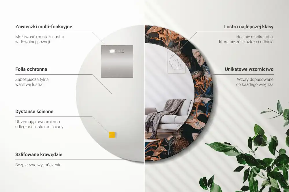 Tiskano okroglo ogledalo Temni tropski listi