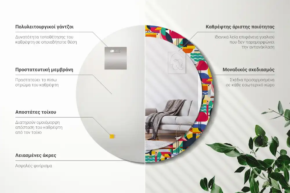 Tiskano okroglo ogledalo Geometrične tropske ptice