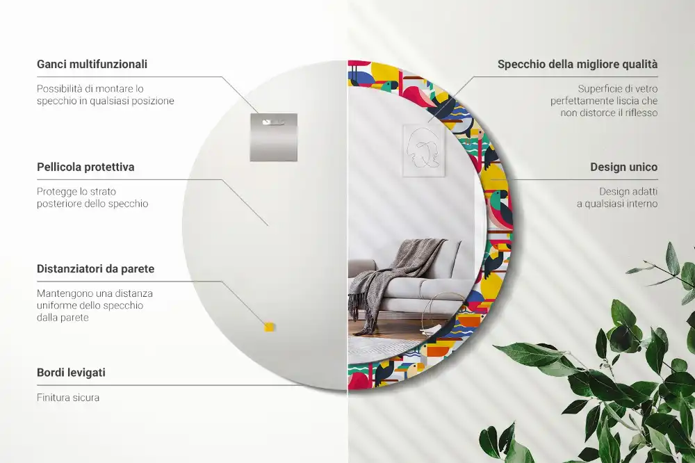 Tiskano okroglo ogledalo Geometrične tropske ptice