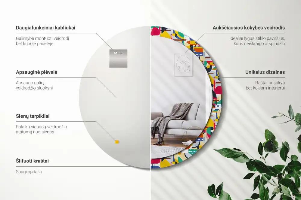 Tiskano okroglo ogledalo Geometrične tropske ptice