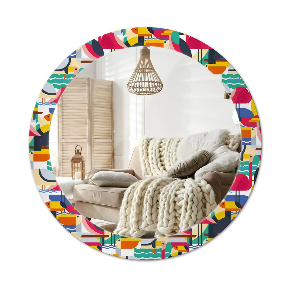 Tiskano okroglo ogledalo Geometrične tropske ptice