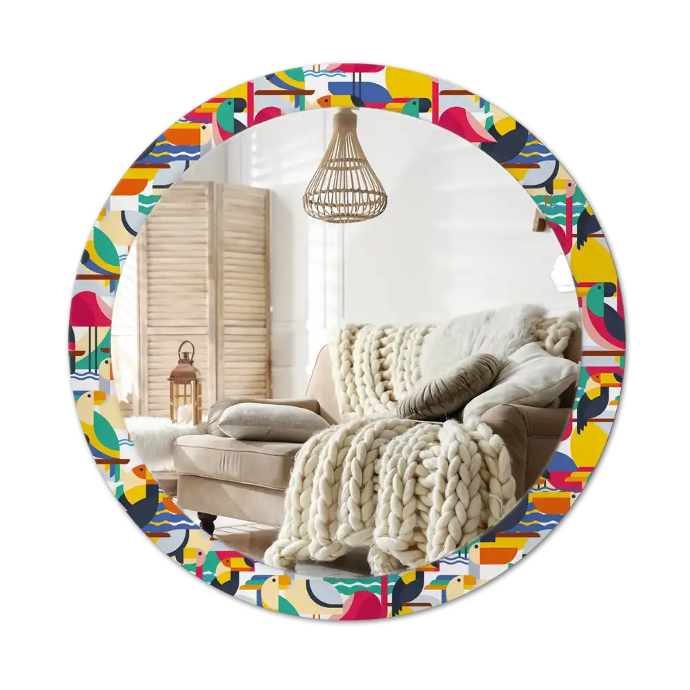 Tiskano okroglo ogledalo Geometrične tropske ptice