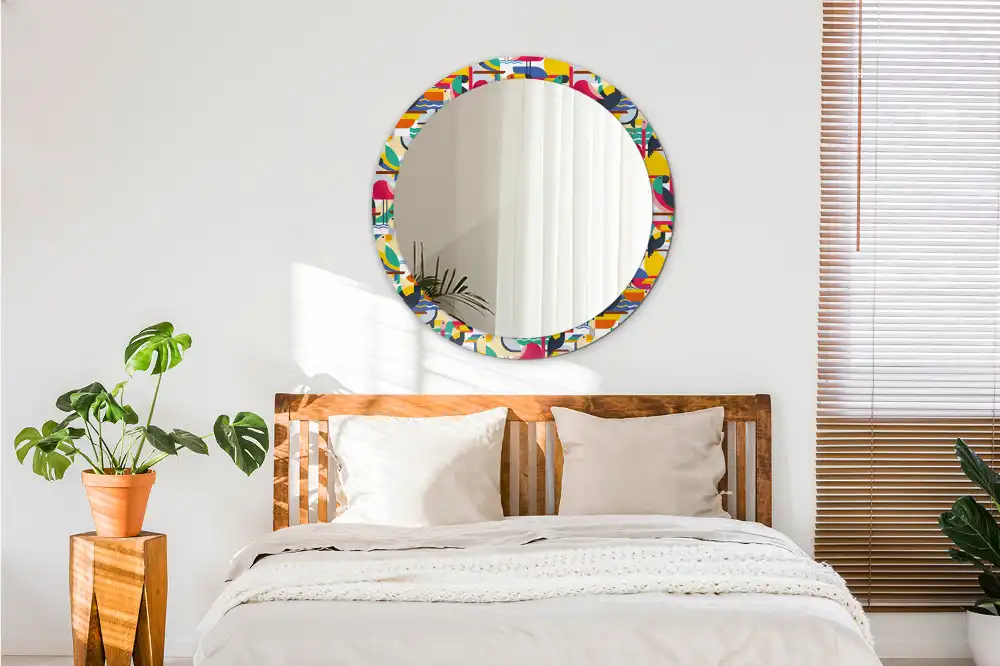 Tiskano okroglo ogledalo Geometrične tropske ptice